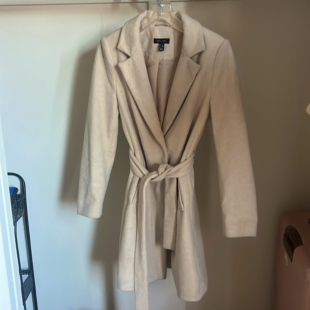 Cream Coat with belt + hidden buttons
